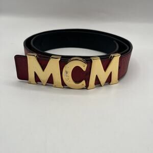 MCM Claus Red Visetos 24k Rolled Gold Buckle Belt Logo On Leather AS IS DAMAGED